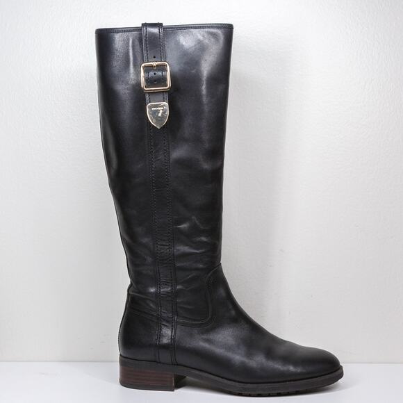 COACH Easton Riding Boots Knee High Tall Black Leather Gold Buckle Womens Sz 7.5 - Picture 1 of 9
